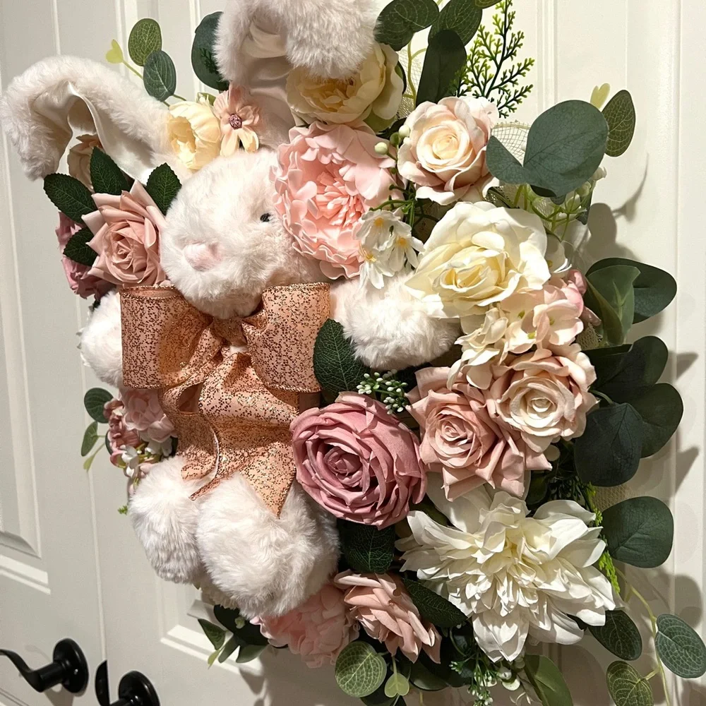 Handmade Floral Bunny Spring Silk Flower & Ribbon Wreath 22 in W7